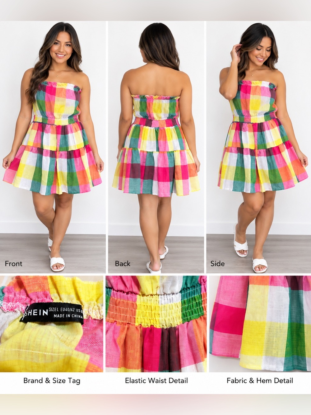 SHEIN Multicolor Plaid Strapless Smocked Tiered Mini Dress Size L